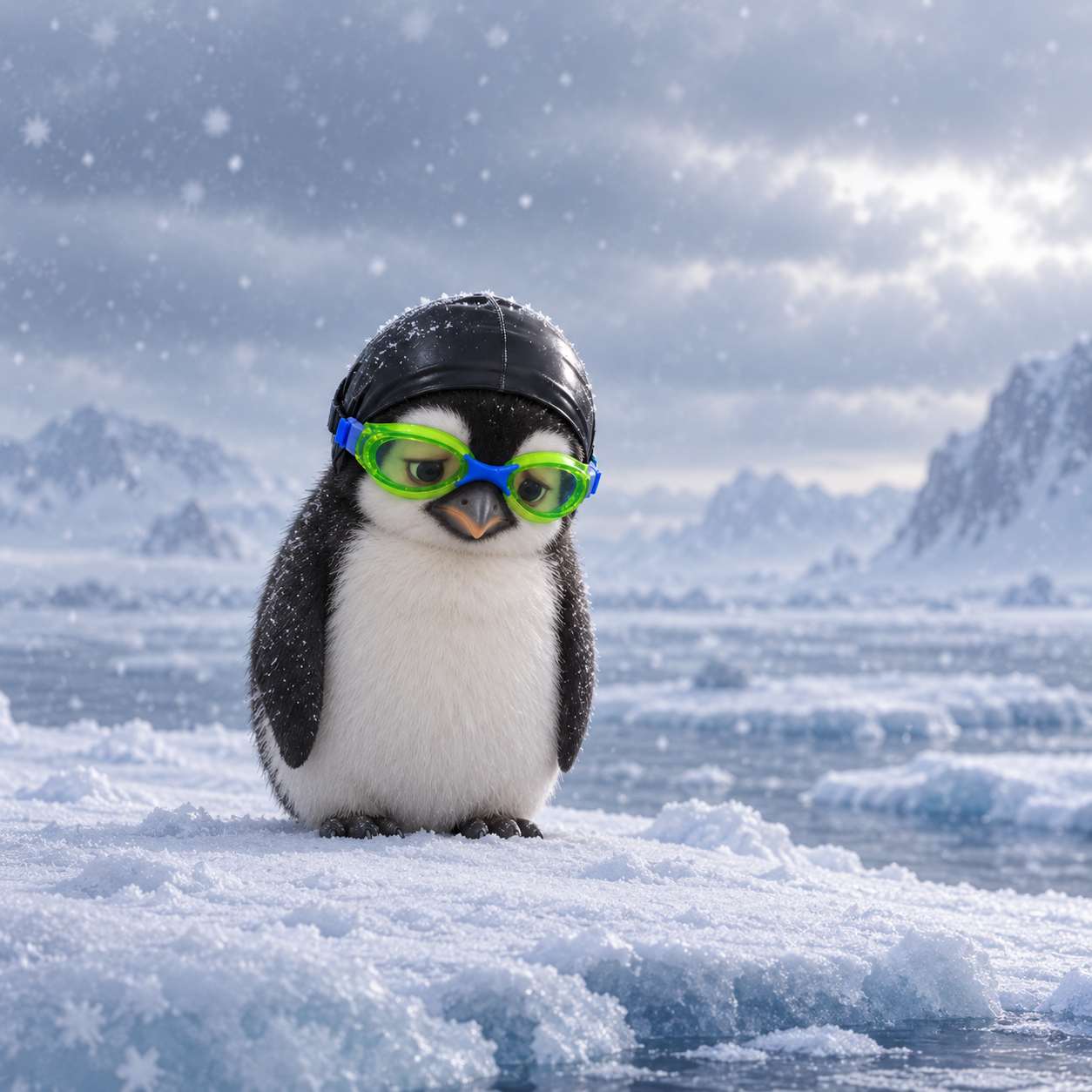 A small NasPenguin standing alone on a snowy iceberg