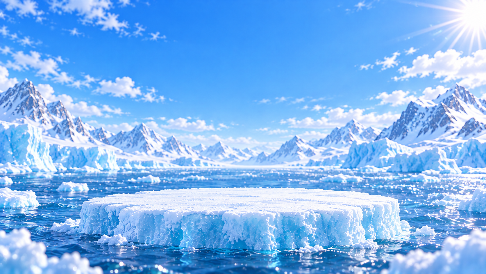 A bright empty iceberg platform floating in Antarctic water